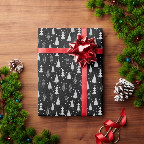 Modern Christmas Trees Black Gray Pattern Wrapping Paper