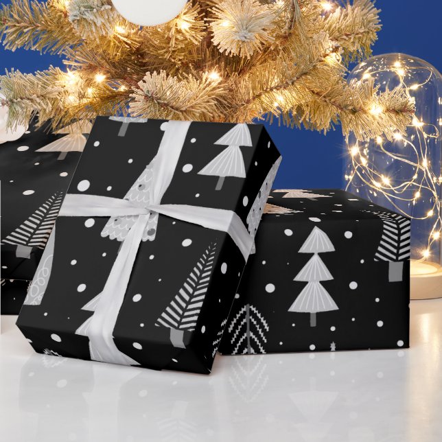 Modern Christmas Trees Black Gray Pattern Wrapping Paper (Holidays)