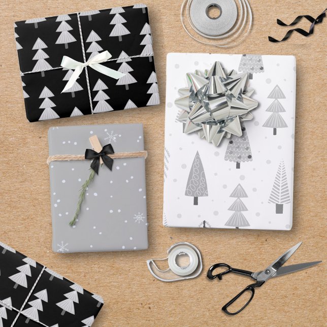 Modern Christmas Trees Black Silver Gray Pattern Wrapping Paper Sheets (Creator Uploaded)