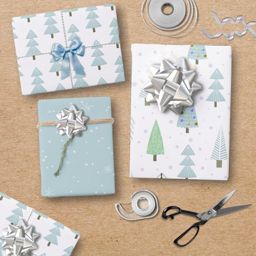 Modern Christmas Trees Blue Green Pattern Trio Wrapping Paper Sheets