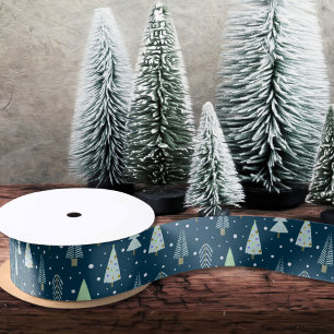 Modern Christmas Trees Blue Green Satin Ribbon