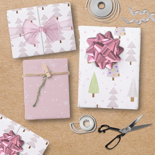 Modern Christmas Trees Blush Pink Pattern Trio Wrapping Paper Sheets