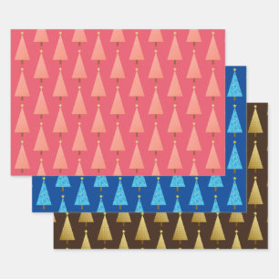 Modern Christmas Trees, Coral, Blue, Brown Wrappin Wrapping Paper Sheets