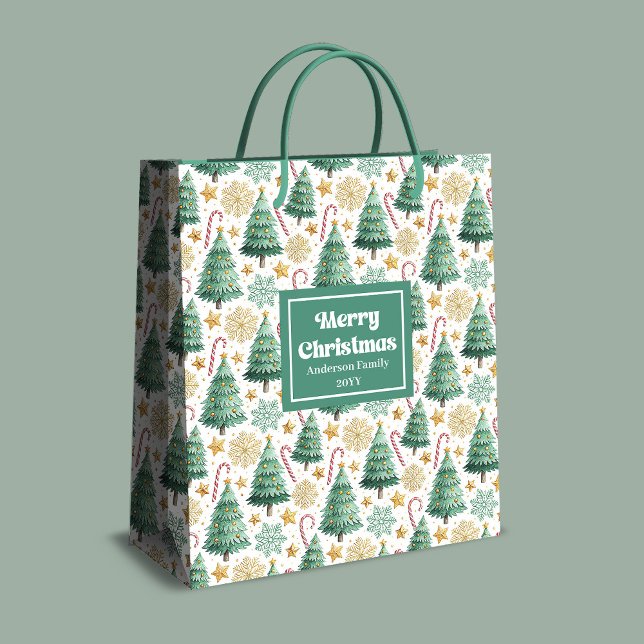 Modern Christmas trees gift bag custom name tag (Earthy colors Christmas gift bag,
watercolor christmas trees candy canes,
simple classic warmish chr)