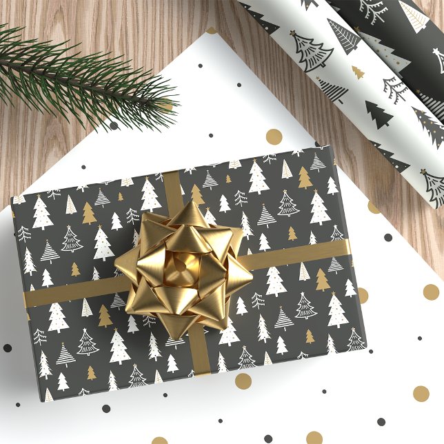 Modern Christmas Trees Gold and Gray Pattern Wrapping Paper Sheets (Creator Uploaded)