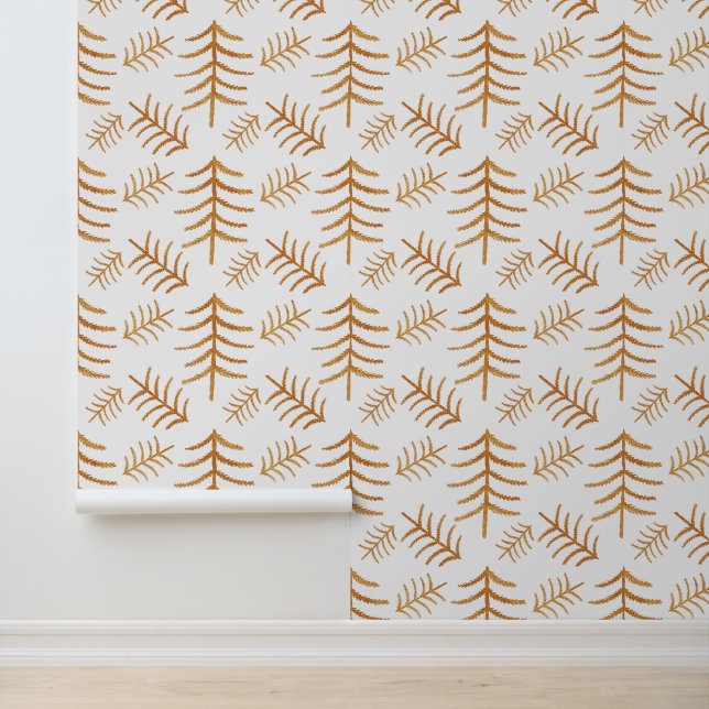 Modern Christmas Trees Gold On White  Wallpaper (Application)