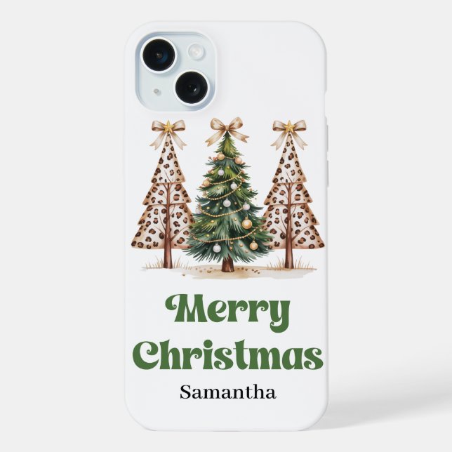 Modern Christmas trees green gold leopard pattern  Iphone Case (Back)