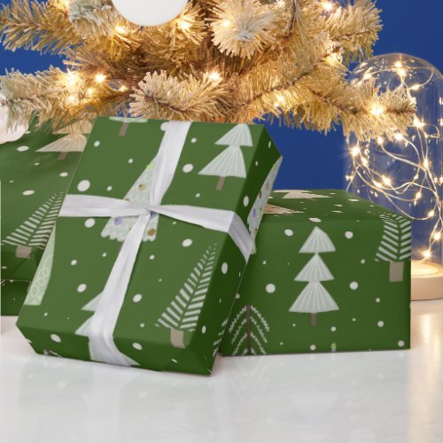 Modern Christmas Trees Green Pattern Wrapping Paper