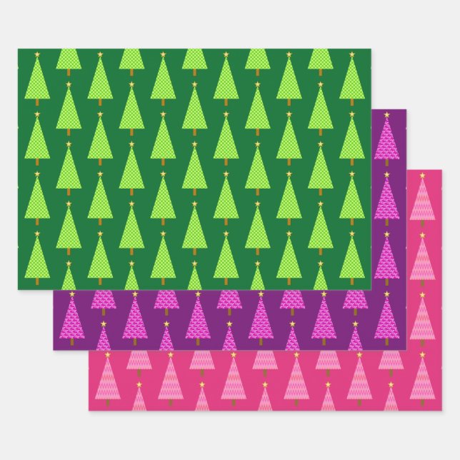 Modern Christmas Trees, Green, Purple, Pink Wrappi Wrapping Paper Sheets (Set)