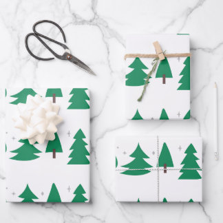 Modern Christmas Trees Green/Silver/White Wrapping Paper Sheets