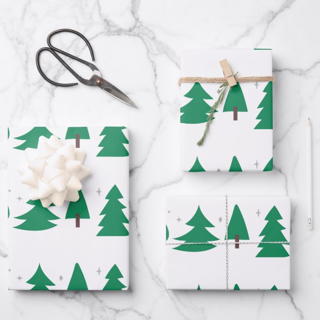 Modern Christmas Trees Green/Silver/White Wrapping Paper Sheets (Front)