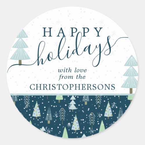 Modern Christmas Trees HAPPY HOLIDAYS Script Blue  Classic Round Sticker