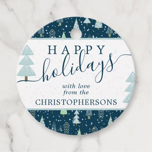 Modern Christmas Trees HAPPY HOLIDAYS Script Blue Favor Tags