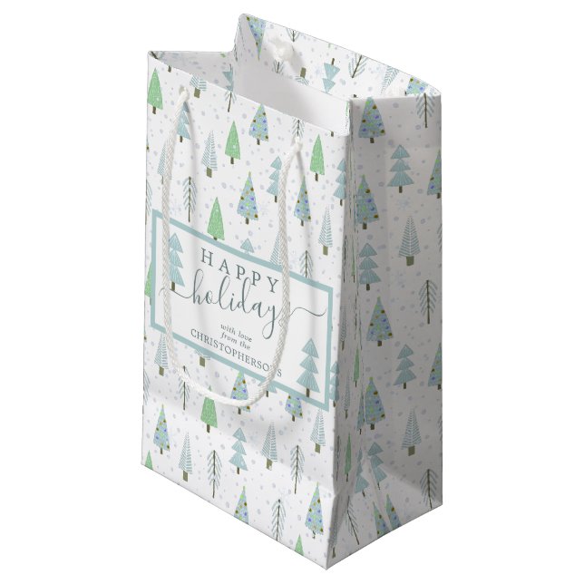 Modern Christmas Trees HAPPY HOLIDAYS Script Blue Small Gift Bag (Front Angled)