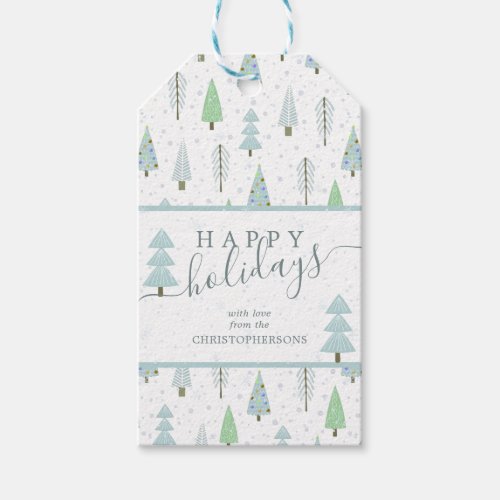 Modern Christmas Trees HAPPY HOLIDAYS Script Gift Tags