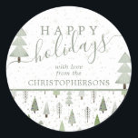 Modern Christmas Trees HAPPY HOLIDAYS Script Green Classic Round Sticker<br><div class="desc">Modern abstract Christmas trees and forest trees and winter snow patterns in shades of olive and sage green with the greeting HAPPY HOLIDAYS and personalized with your name or custom text. Contact the designer via Zazzle Chat or makeitaboutyoustore@gmail.com if you'd like this design modified, on another product or would like...</div>