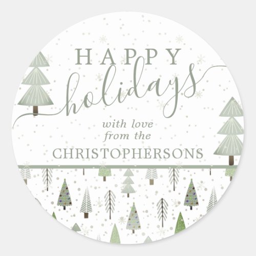 Modern Christmas Trees HAPPY HOLIDAYS Script Green Classic Round Sticker