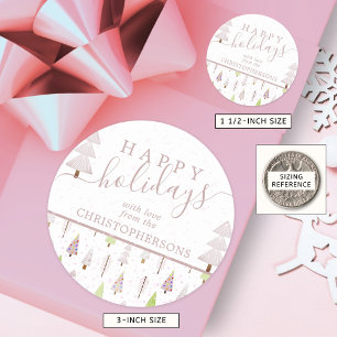 Modern Christmas Trees HAPPY HOLIDAYS Script Pink Classic Round Sticker