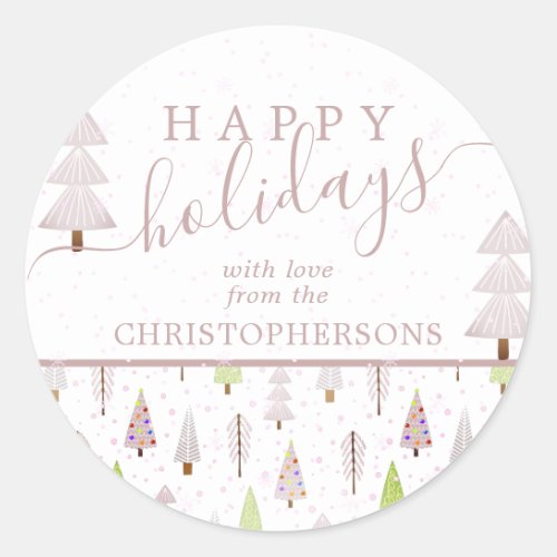 Modern Christmas Trees HAPPY HOLIDAYS Script Pink Classic Round Sticker