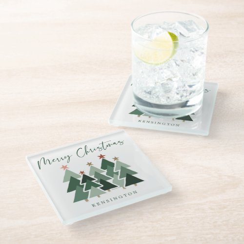 Modern Christmas Trees Holiday Handwritten Glass Coaster