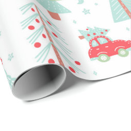 Modern Christmas Trees Holidays Red Car Wrapping Paper | Zazzle