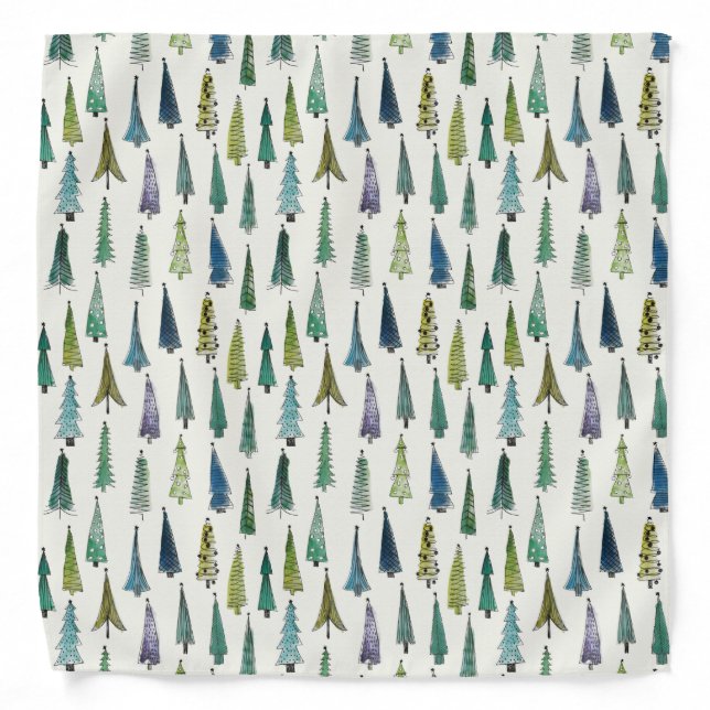 Modern Christmas Trees Illustrated Pattern Bandana (Front)