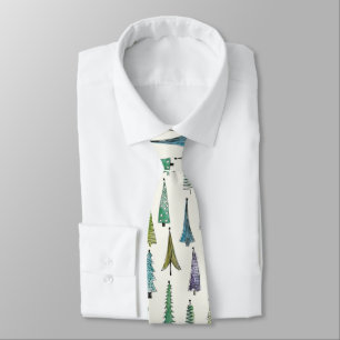Modern Christmas Trees Illustrated Pattern Neck Tie