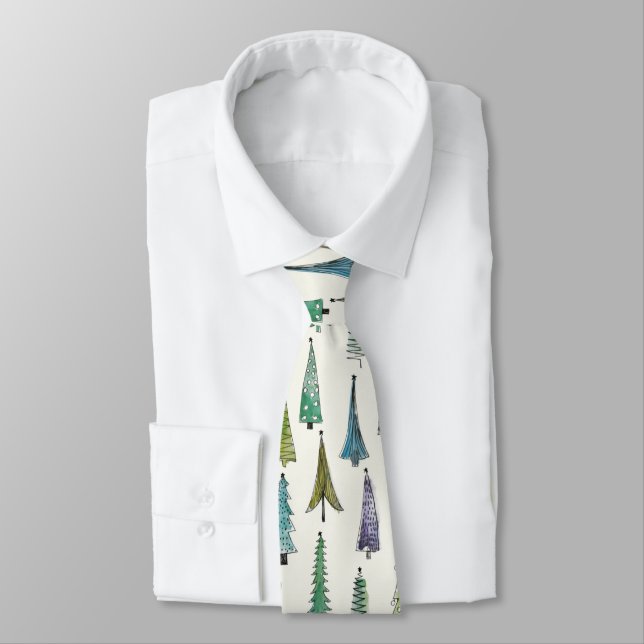 Modern Christmas Trees Illustrated Pattern Neck Tie (Tied)