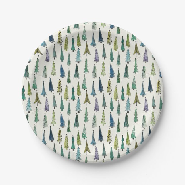 Modern Christmas Trees Illustrated Pattern Paper Plates (Front)