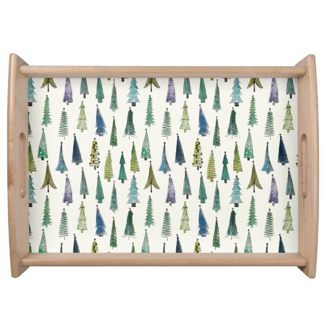 Modern Christmas Trees Illustrated Pattern Serving Tray (Front)
