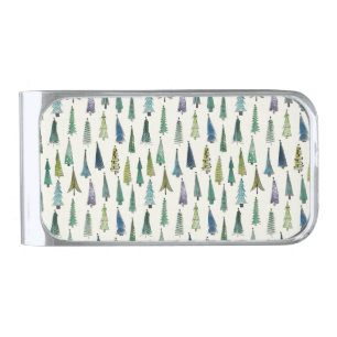 Modern Christmas Trees Illustrated Pattern Silver Finish Money Clip