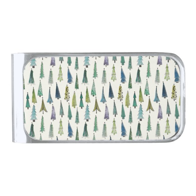 Modern Christmas Trees Illustrated Pattern Silver Finish Money Clip (Front)