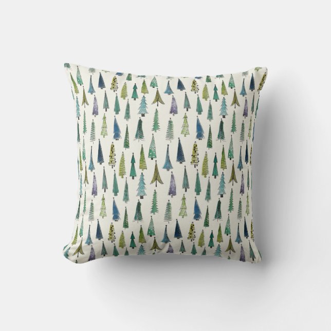 Modern Christmas Trees Illustrated Pattern Throw Pillow (Front)