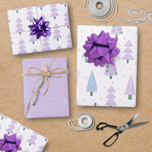 Modern Christmas Trees Lavender Pattern Trio Wrapping Paper Sheets