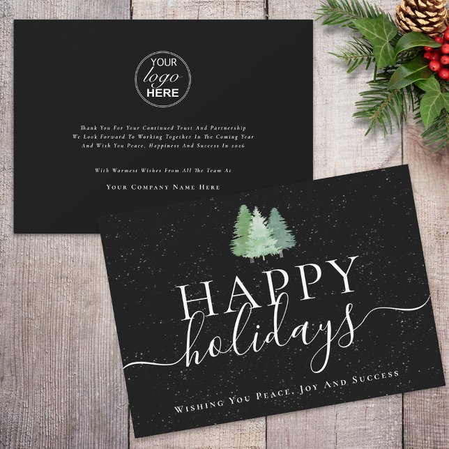 Modern Christmas Trees Logo Black & White Business Holiday Card (Modern watercolor snowy christmas trees logo happy holidays black & white business holiday card)