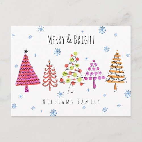 Modern Christmas Trees Merry  Bright Holiday Postcard