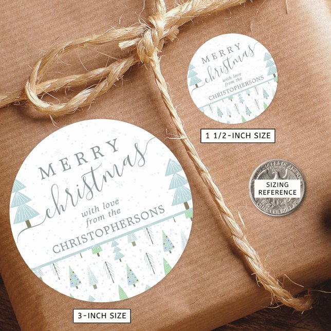 Modern Christmas Trees MERRY CHRISTMAS Script Blue Classic Round Sticker (Creator Uploaded)