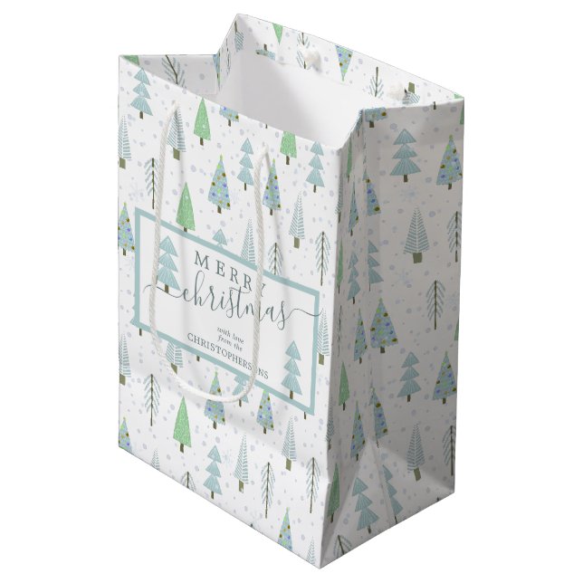 Modern Christmas Trees MERRY CHRISTMAS Script Blue Medium Gift Bag (Front Angled)
