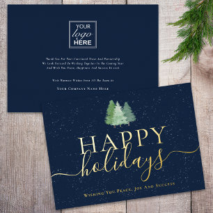 Modern Christmas Trees Navy Blue Gold Business Foil Holiday Card