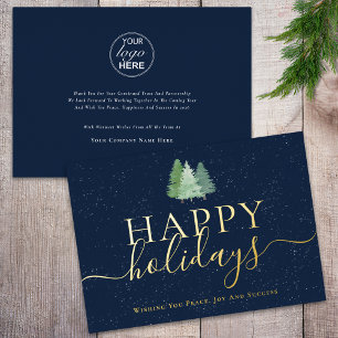 Modern Christmas Trees Navy Blue Gold Business Foil Holiday Card