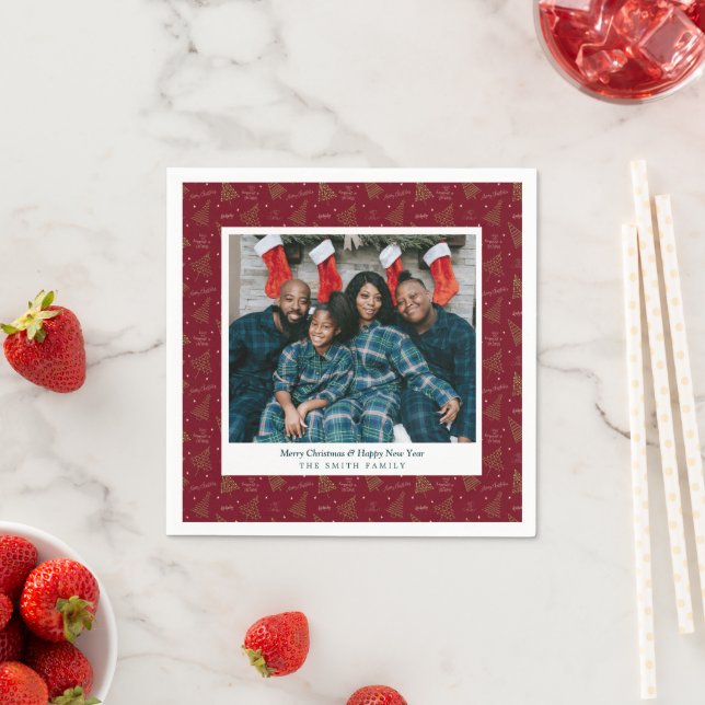 Modern Christmas Trees New Year Photo & Greetings Napkins (Insitu)