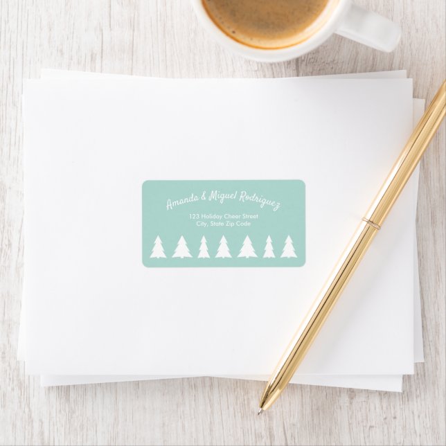 Modern Christmas Trees on Mint Green White Script Label (Insitu)