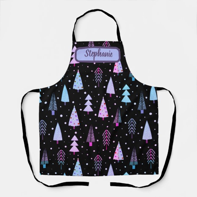 Modern Christmas Trees Purple Pink Black Apron (Front)