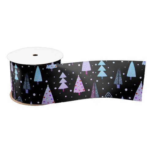 Modern Christmas Trees Purple Pink Black Pattern Satin Ribbon