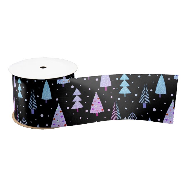 Modern Christmas Trees Purple Pink Black Pattern Satin Ribbon (Spool)