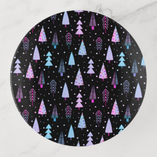 Modern Christmas Trees Purple Pink Black Pattern Trinket Tray