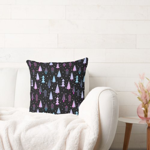 Modern Christmas Trees Purple Pink Black Throw Pillow