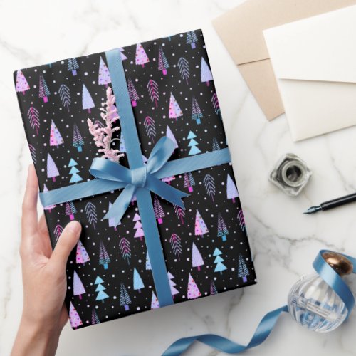 Modern Christmas Trees Purple Pink Black Wrapping Paper