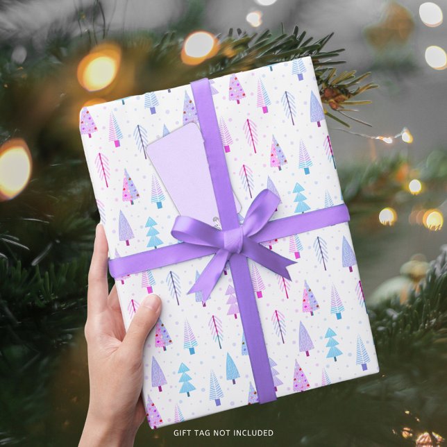 Modern Christmas Trees Purple Pink Blue Pattern Wrapping Paper (Creator Uploaded)