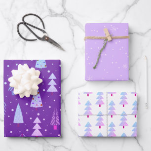 Modern Christmas Trees Purple Pink Pattern Wrapping Paper Sheets